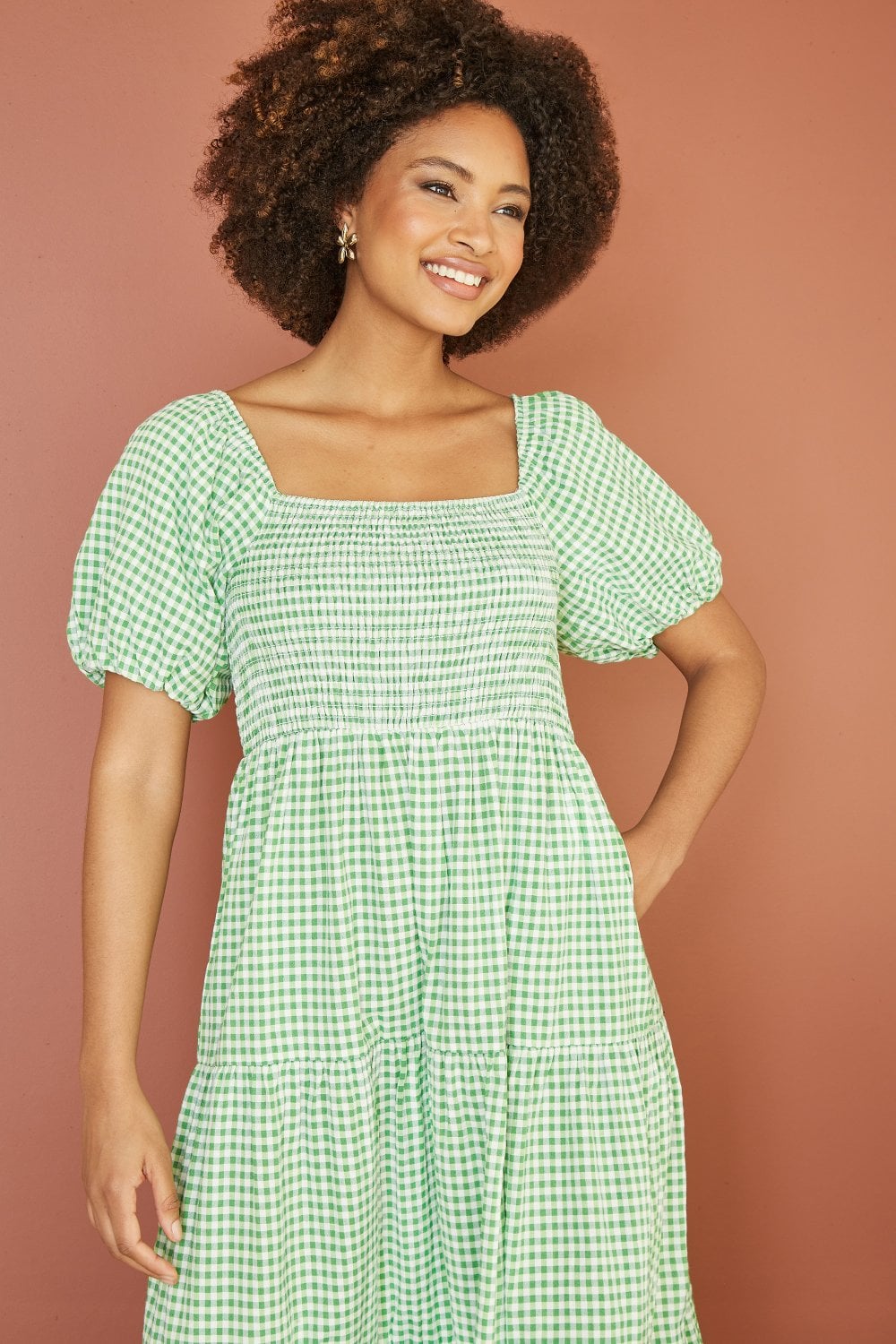 Yumi Green Cotton Gingham Smock Puff Sleeve Midi Dress Yumi