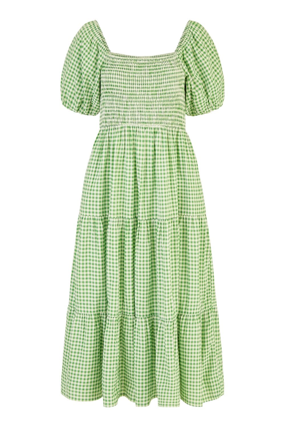 Yumi Green Cotton Gingham Smock Puff Sleeve Midi Dress Yumi