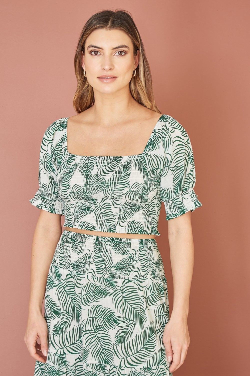 Yumi Green Cotton Voile Palm Leaf Ruched Crop Top Yumi