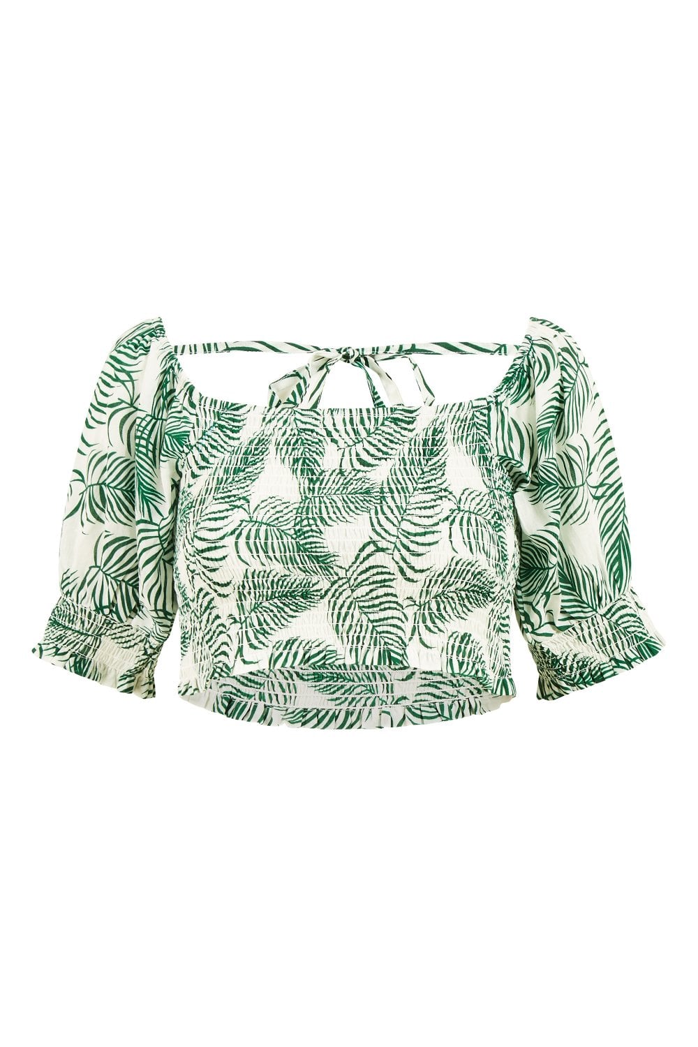 Yumi Green Cotton Voile Palm Leaf Ruched Crop Top Yumi