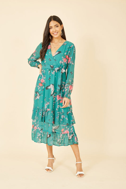 Yumi Green Crane Print Long Sleeve Wrap Midi Dress Yumi