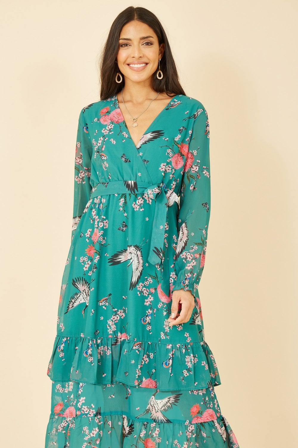 Yumi Green Crane Print Long Sleeve Wrap Midi Dress Yumi