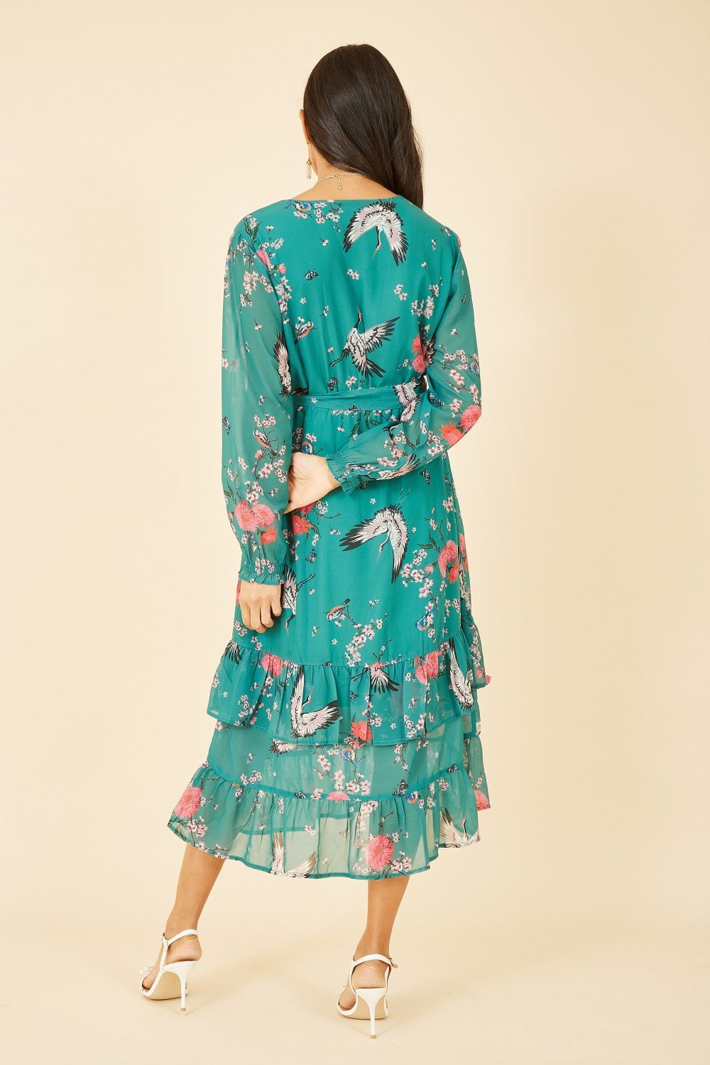 Yumi Green Crane Print Long Sleeve Wrap Midi Dress Yumi