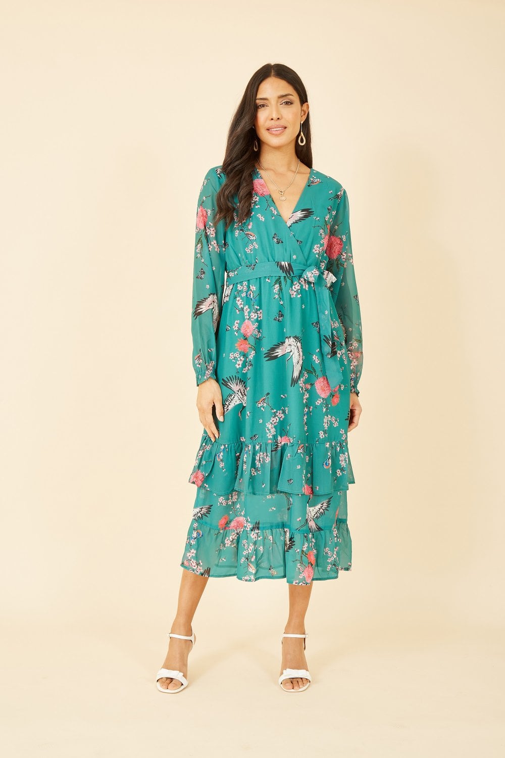 Yumi Green Crane Print Long Sleeve Wrap Midi Dress Yumi