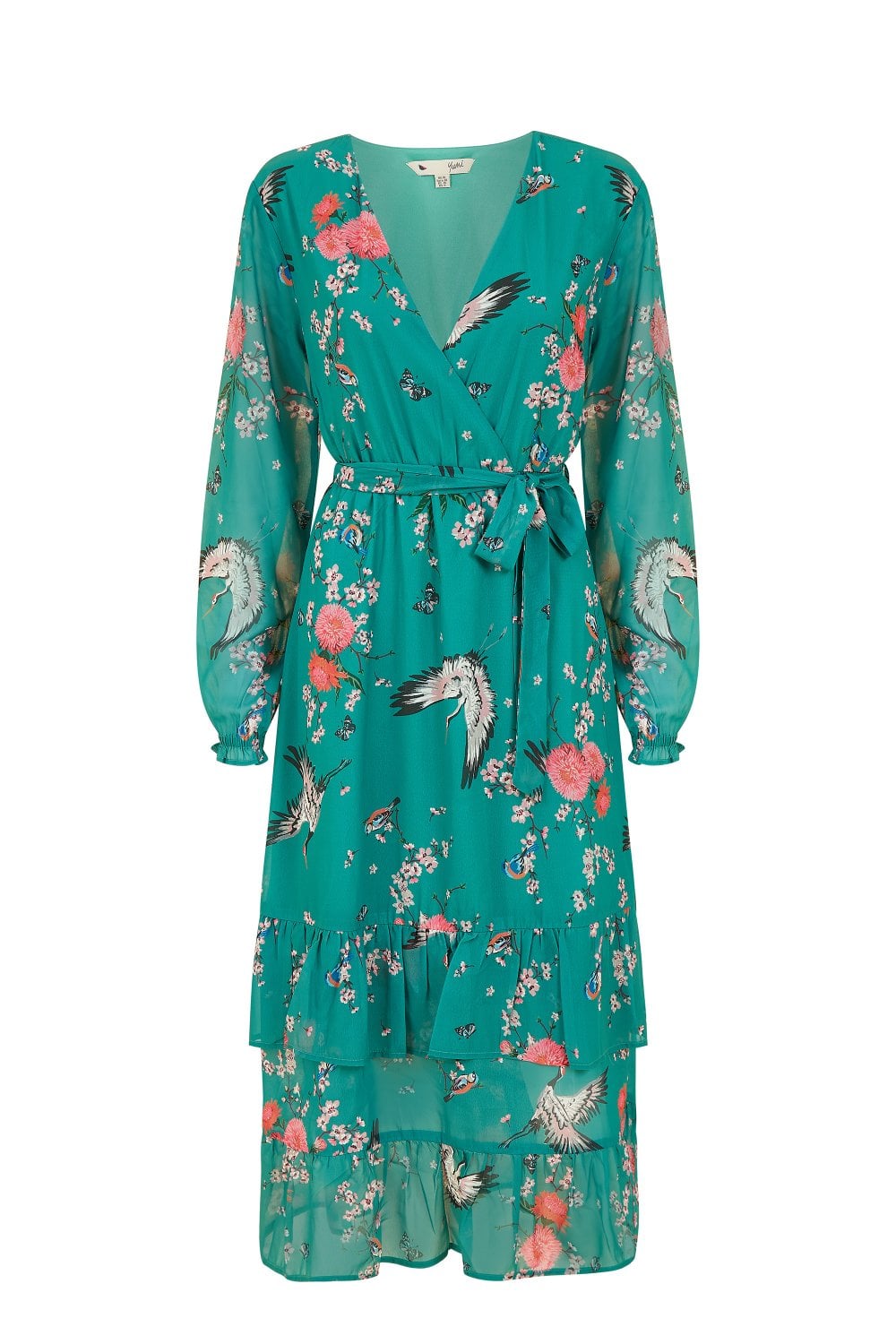 Yumi Green Crane Print Long Sleeve Wrap Midi Dress Yumi