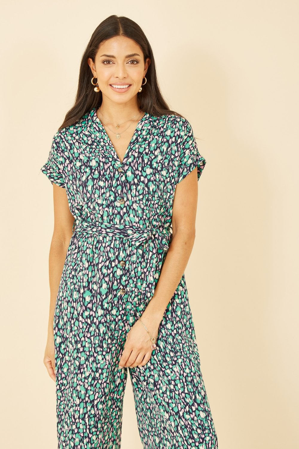 Yumi Green Dash Print Culotte Jumpsuit Yumi