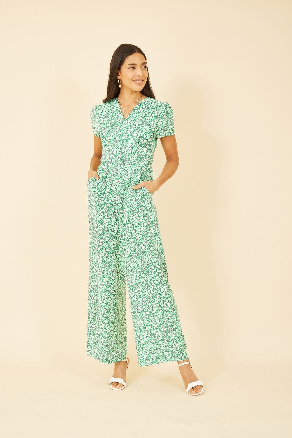 Yumi Green Ditsy Floral Wrap Jumpsuit Yumi