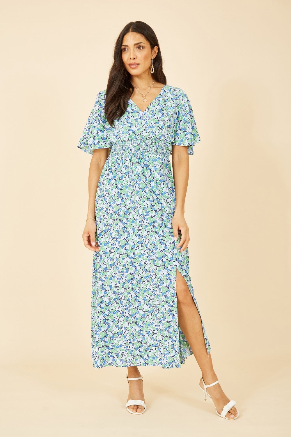 Yumi Green Ditsy Print Ruched Maxi Dress Yumi