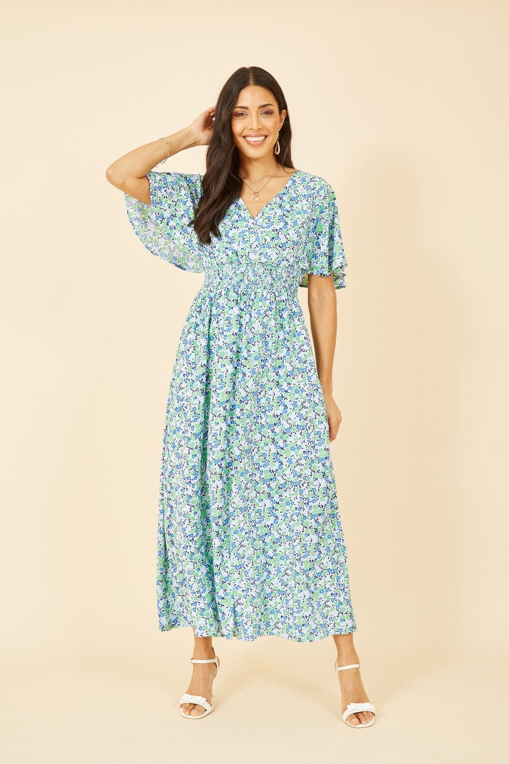 Yumi Green Ditsy Print Ruched Maxi Dress Yumi