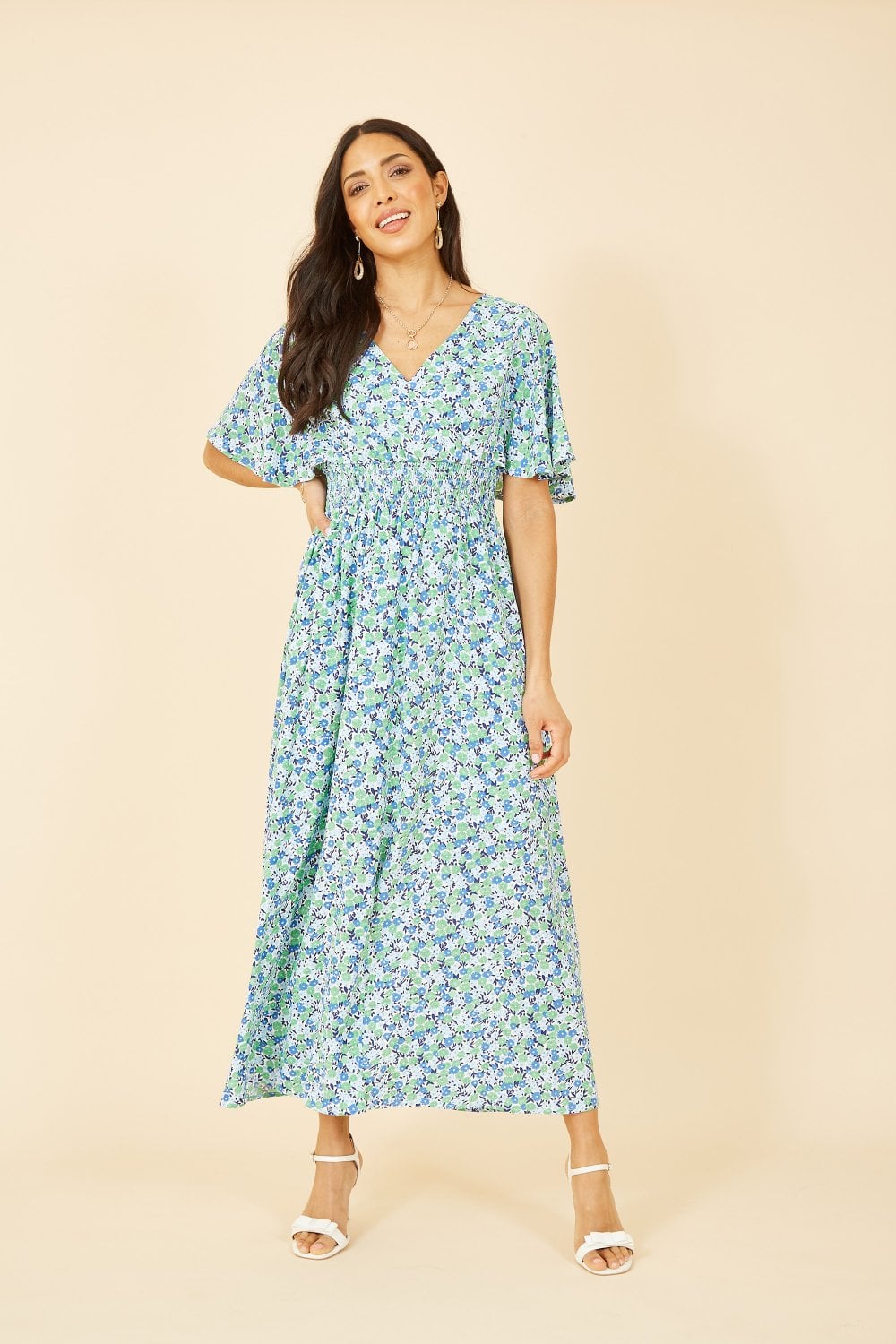 Yumi Green Ditsy Print Ruched Maxi Dress Yumi