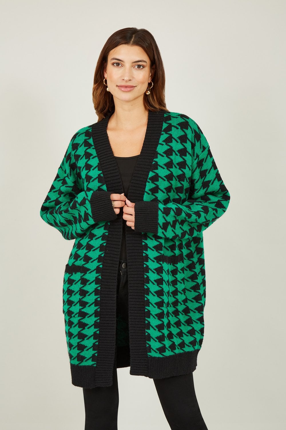 Yumi Green Dogtooth Intarsia Knit Long Cardigan Yumi