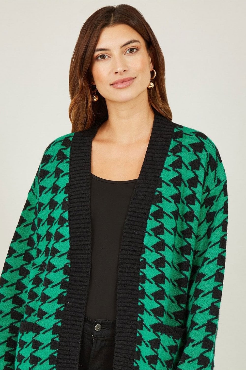 Yumi Green Dogtooth Intarsia Knit Long Cardigan Yumi