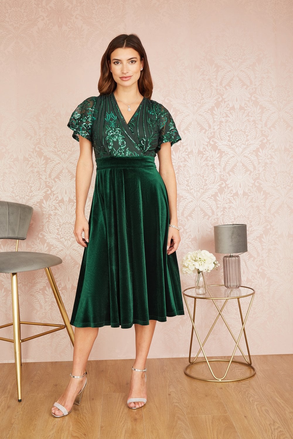 Yumi Green Embellished Velvet Wrap Skater Midi Dress Yumi