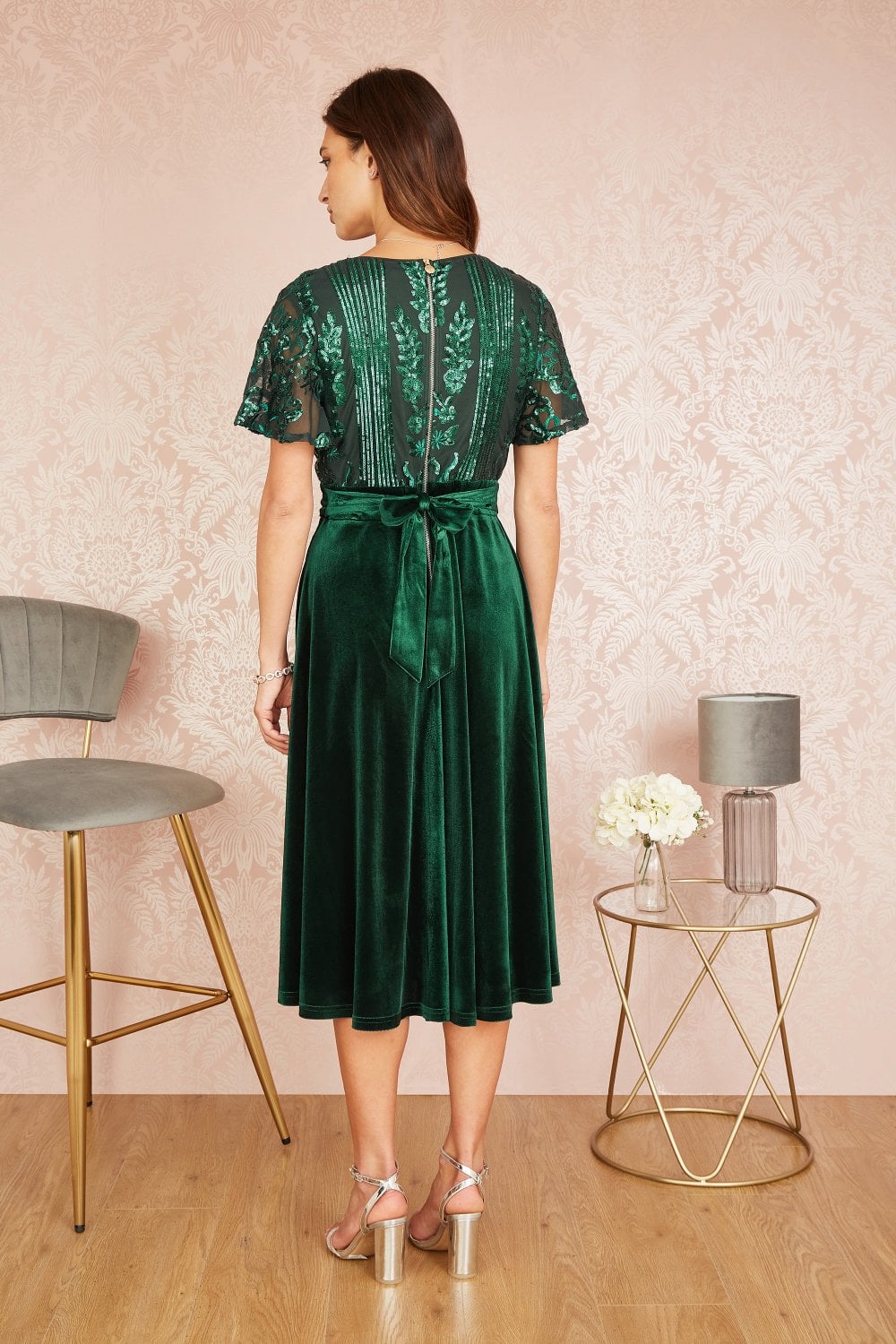 Yumi Green Embellished Velvet Wrap Skater Midi Dress Yumi