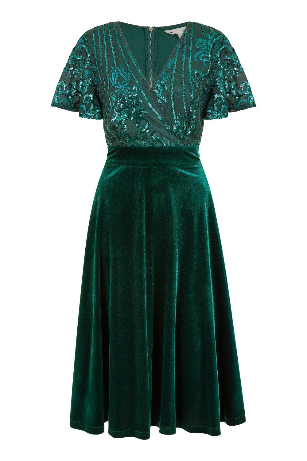 Yumi Green Embellished Velvet Wrap Skater Midi Dress Yumi