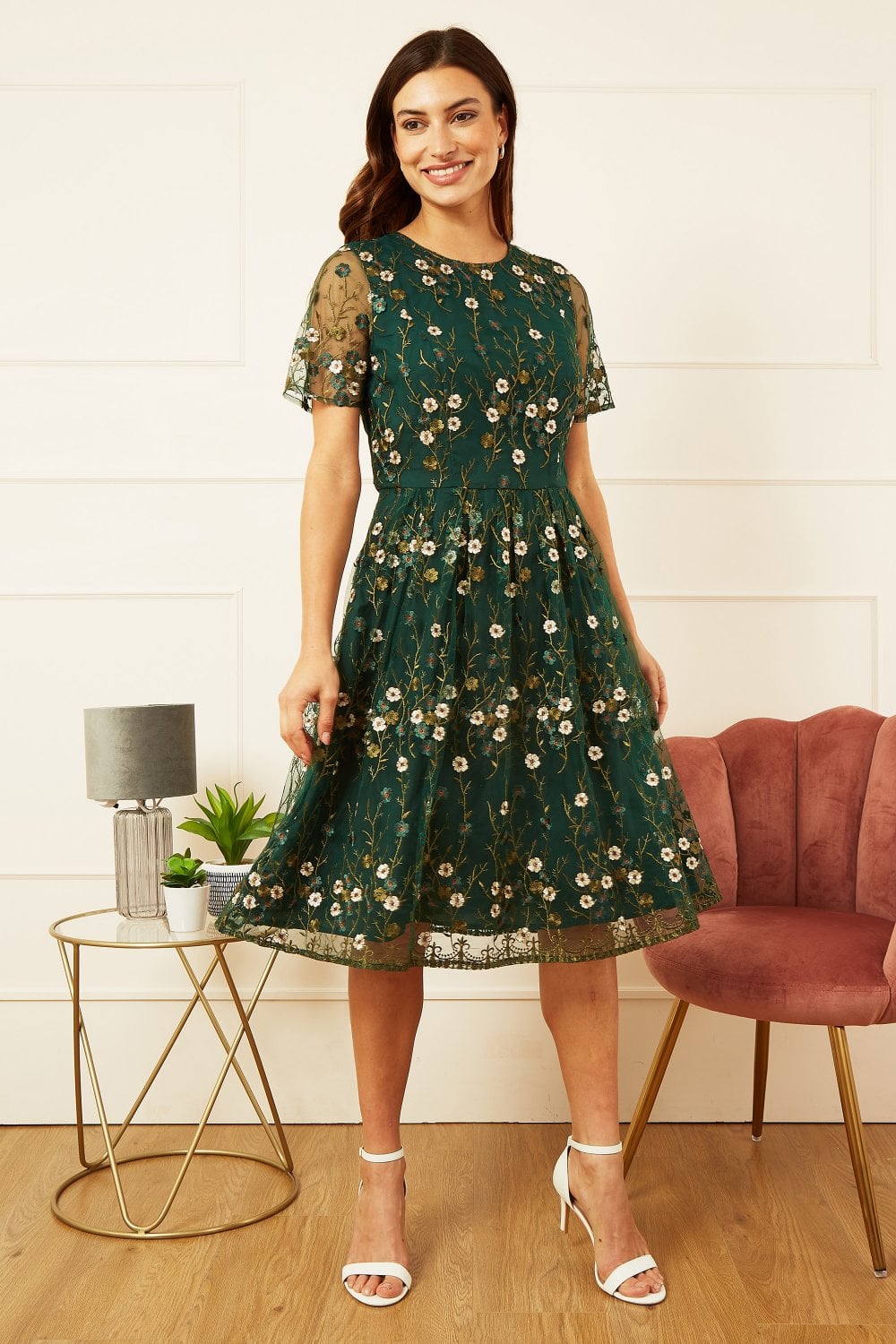 Yumi Green Embroidered Floral Skater Dress Yumi