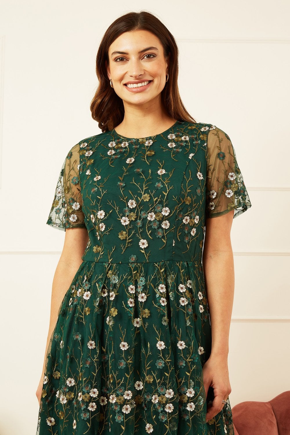 Yumi Green Embroidered Floral Skater Dress Yumi