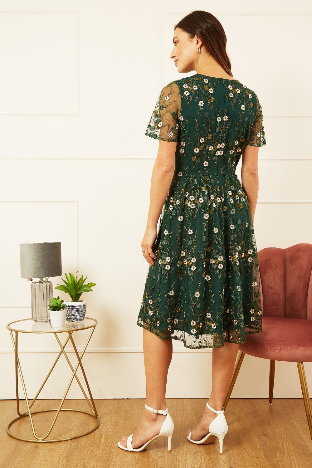 Yumi Green Embroidered Floral Skater Dress Yumi