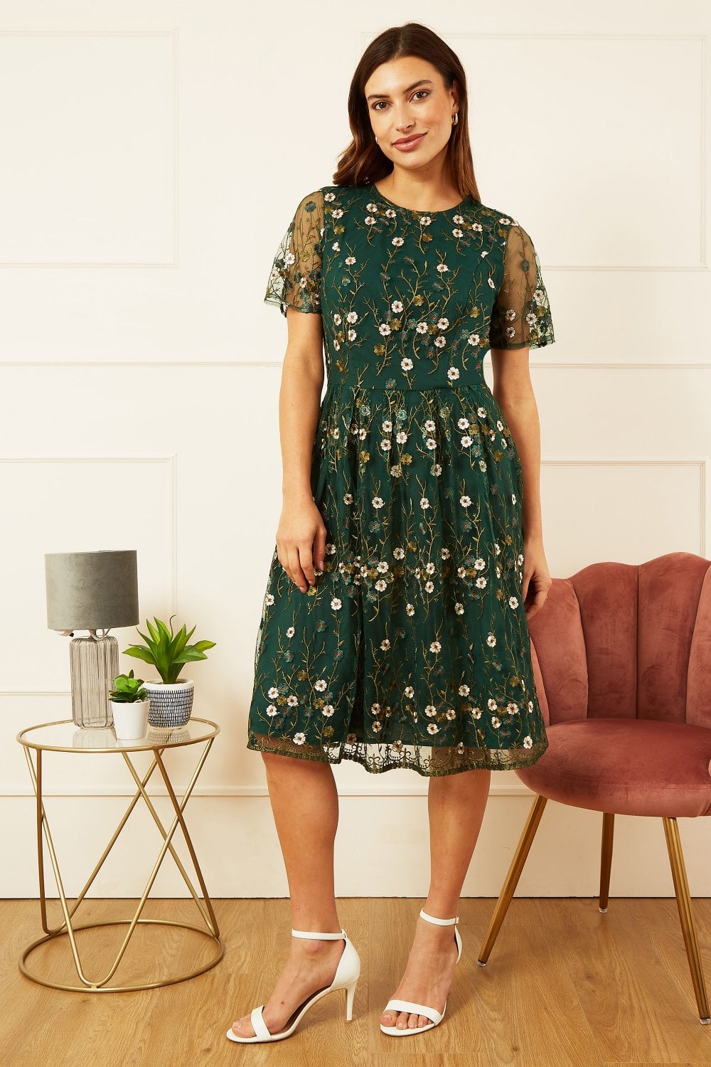 Yumi Green Embroidered Floral Skater Dress Yumi