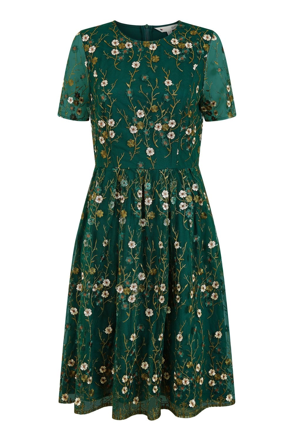 Yumi Green Embroidered Floral Skater Dress Yumi