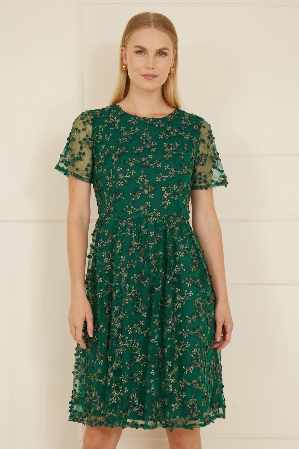 Yumi Green Embroidered Floral Skater Dress Yumi