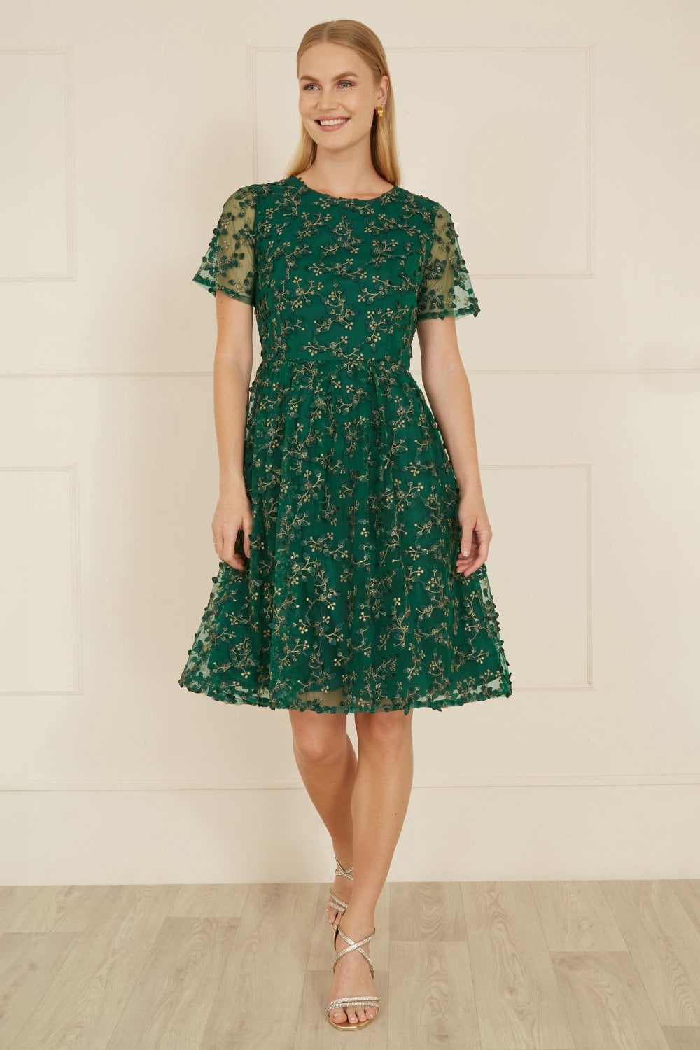 Yumi Green Embroidered Floral Skater Dress Yumi