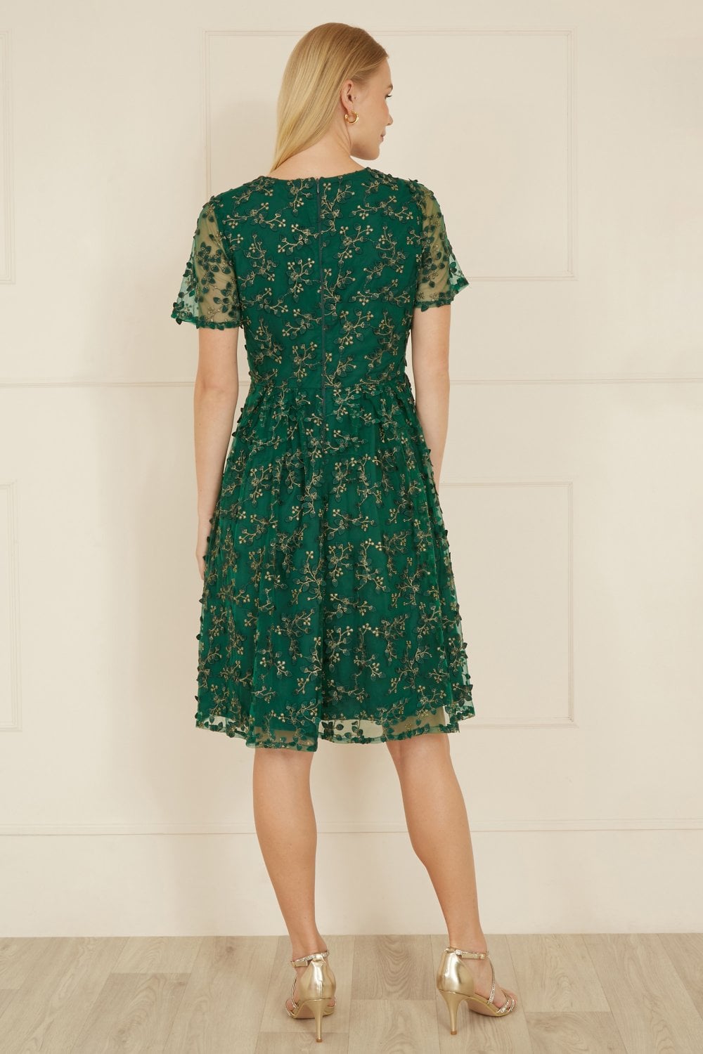 Yumi Green Embroidered Floral Skater Dress Yumi