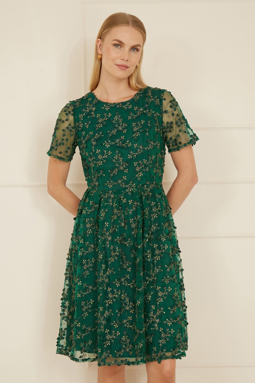 Yumi Green Embroidered Floral Skater Dress Yumi