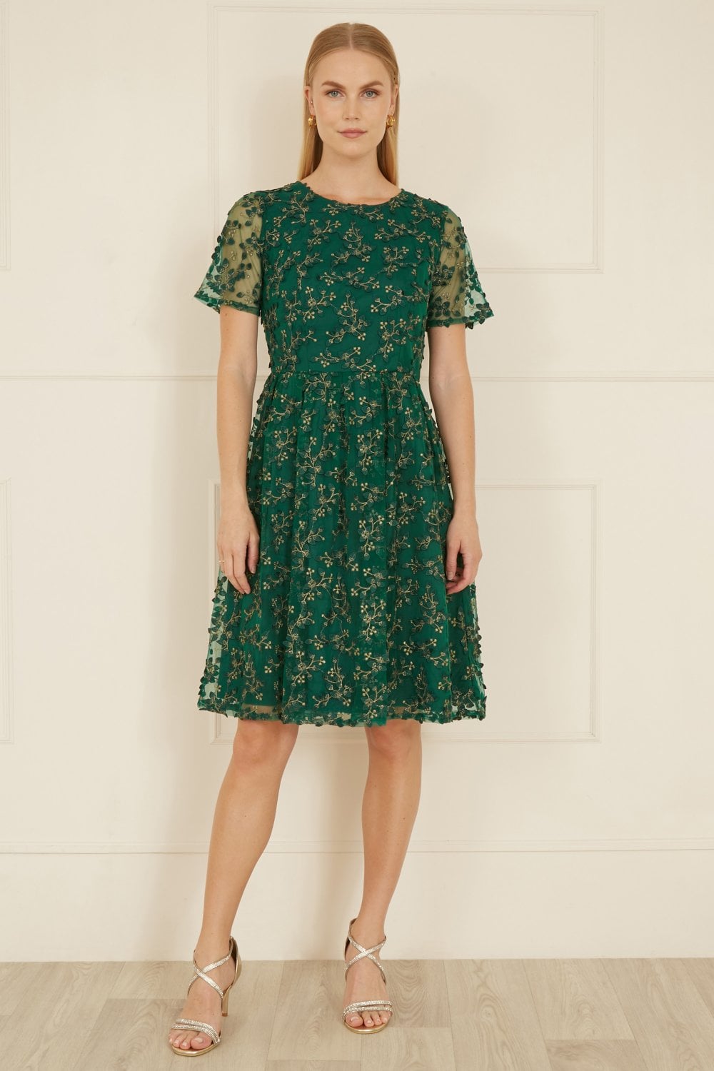 Yumi Green Embroidered Floral Skater Dress Yumi