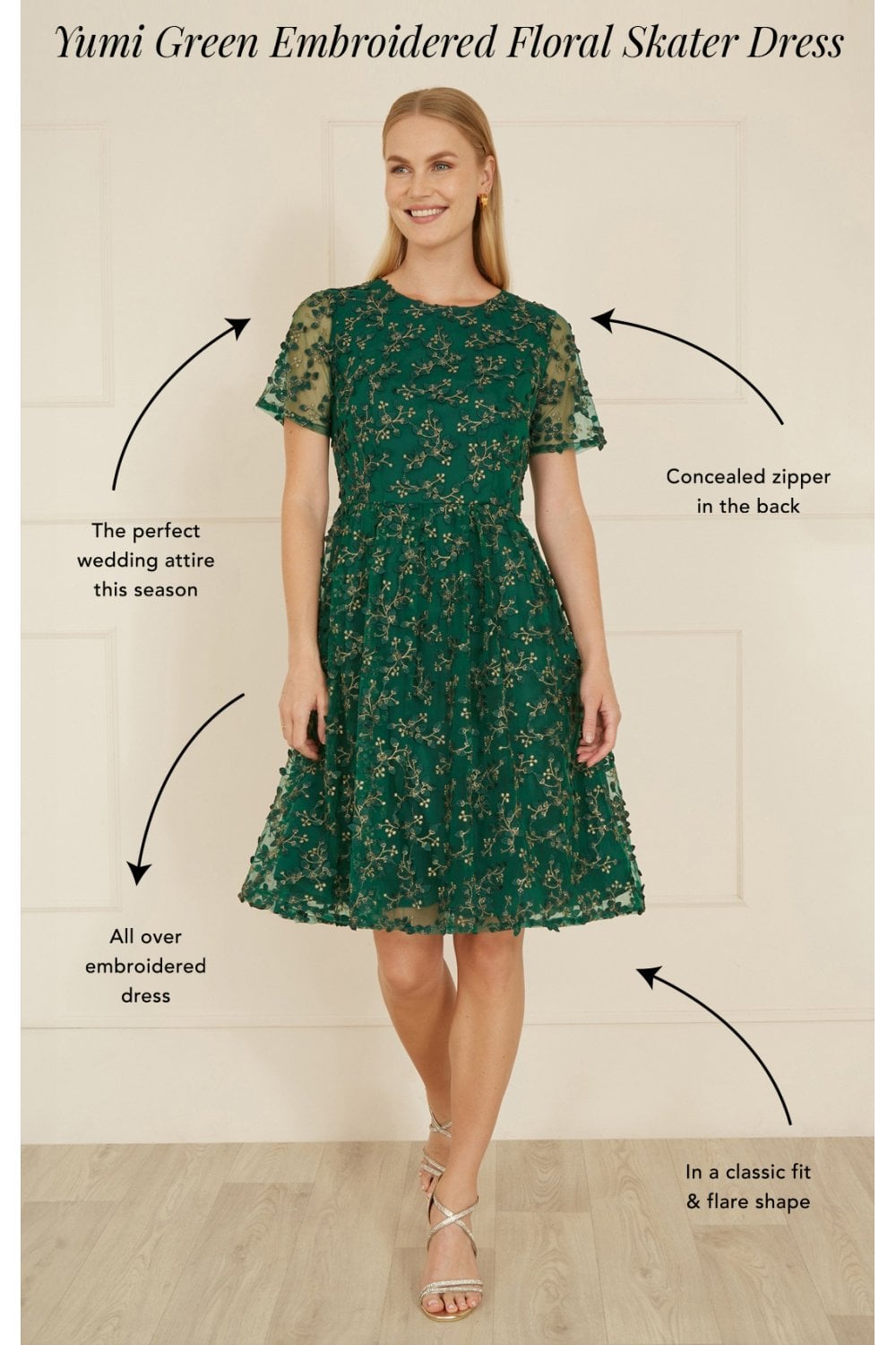 Yumi Green Embroidered Floral Skater Dress Yumi