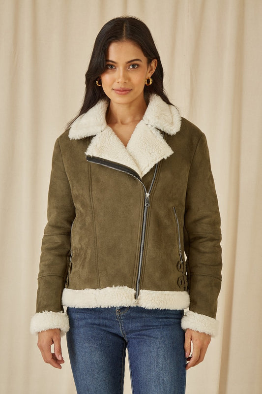 Yumi Green Faux Suede And Shearling Biker Jacket Yumi