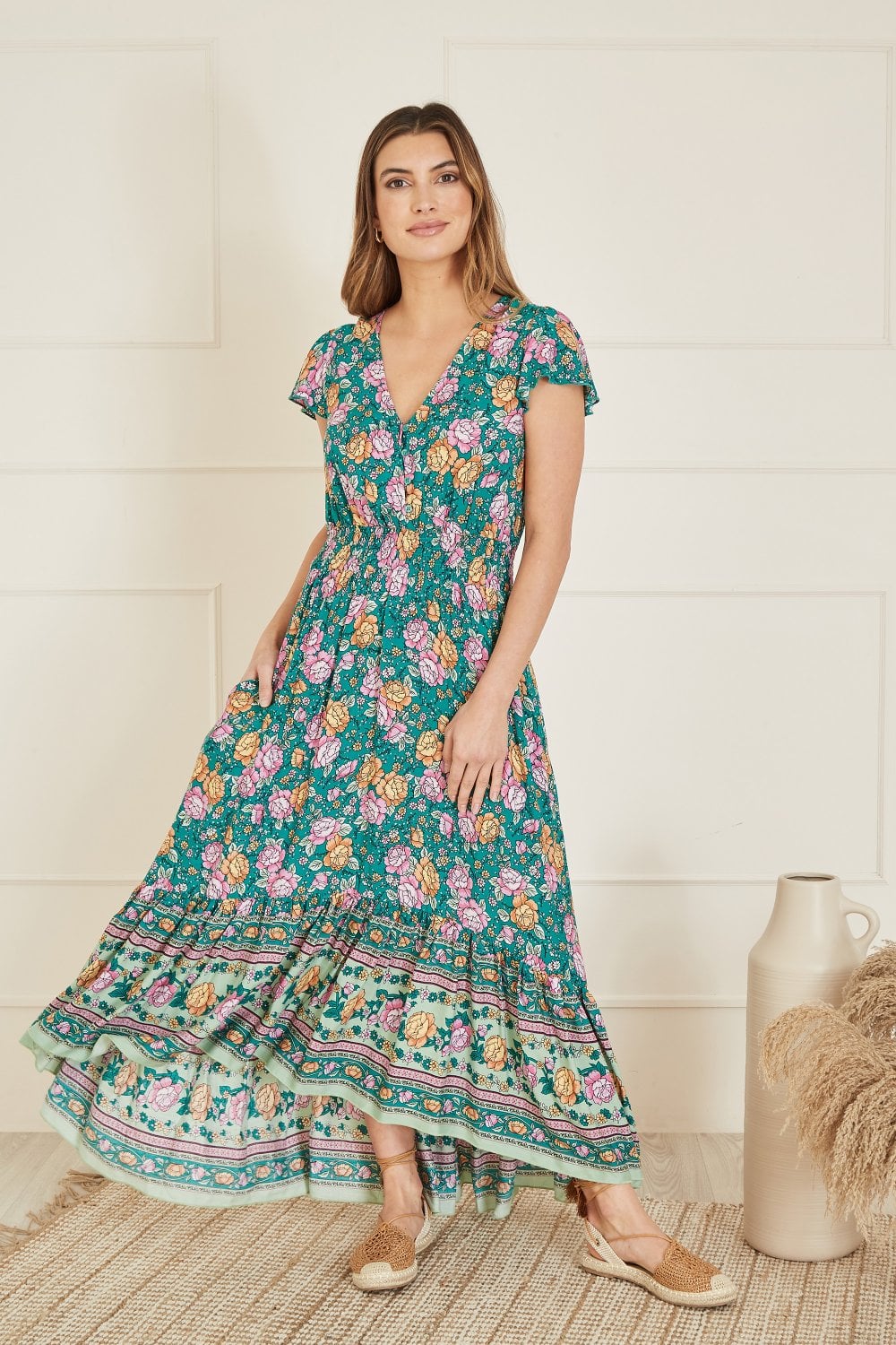 Yumi Green Festival Floral Print Ruched Waist Maxi Dress Yumi