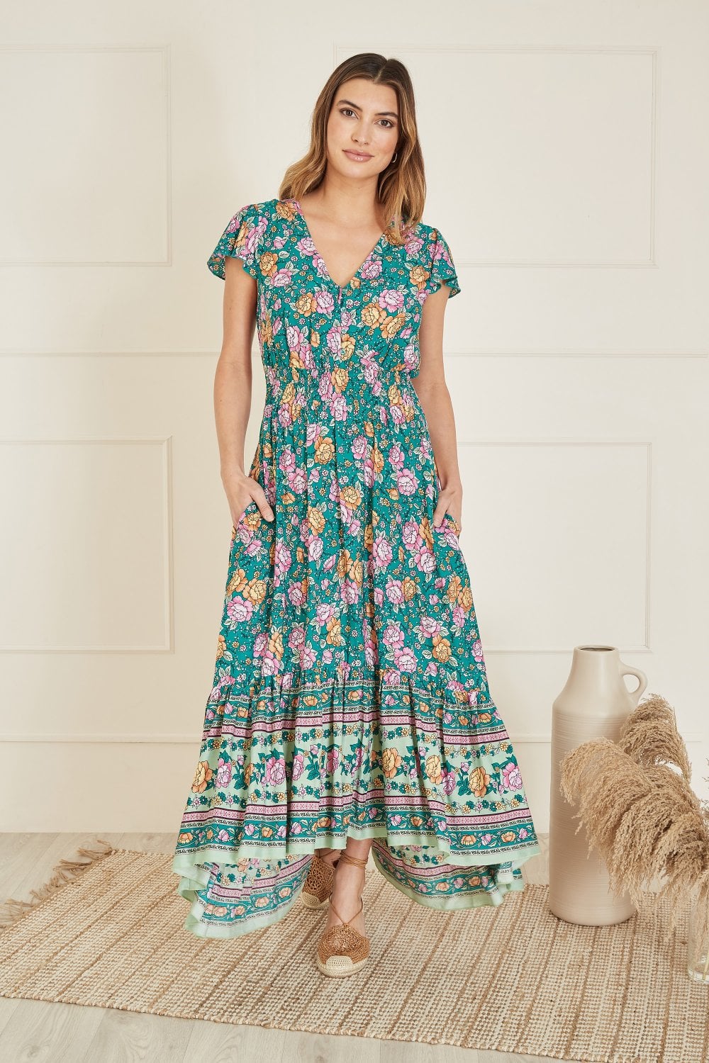 Yumi Green Festival Floral Print Ruched Waist Maxi Dress Yumi