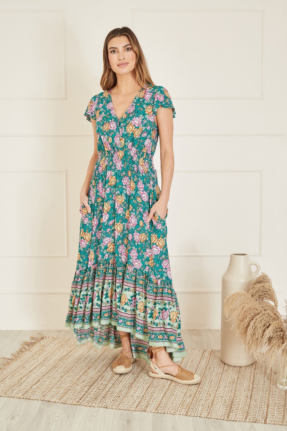 Yumi Green Festival Floral Print Ruched Waist Maxi Dress Yumi