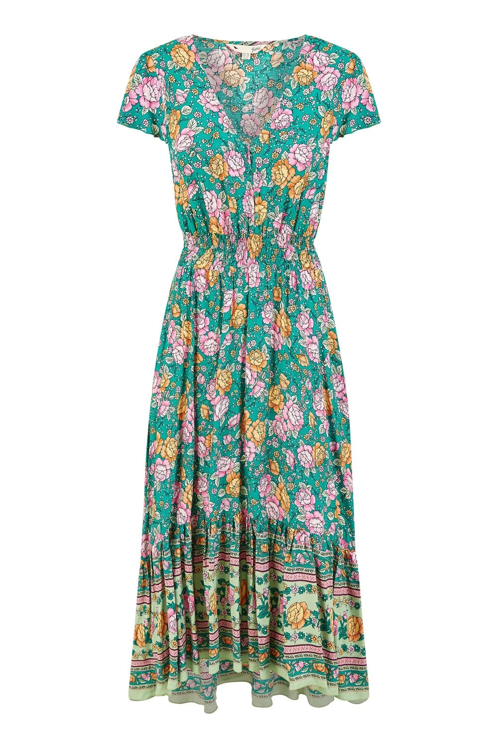 Yumi Green Festival Floral Print Ruched Waist Maxi Dress Yumi