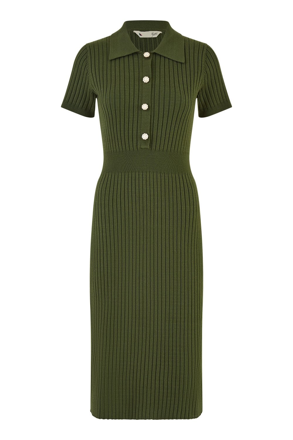 Yumi Green Fitted Rib Knitted Midi Dress With Daisy Buttons Yumi