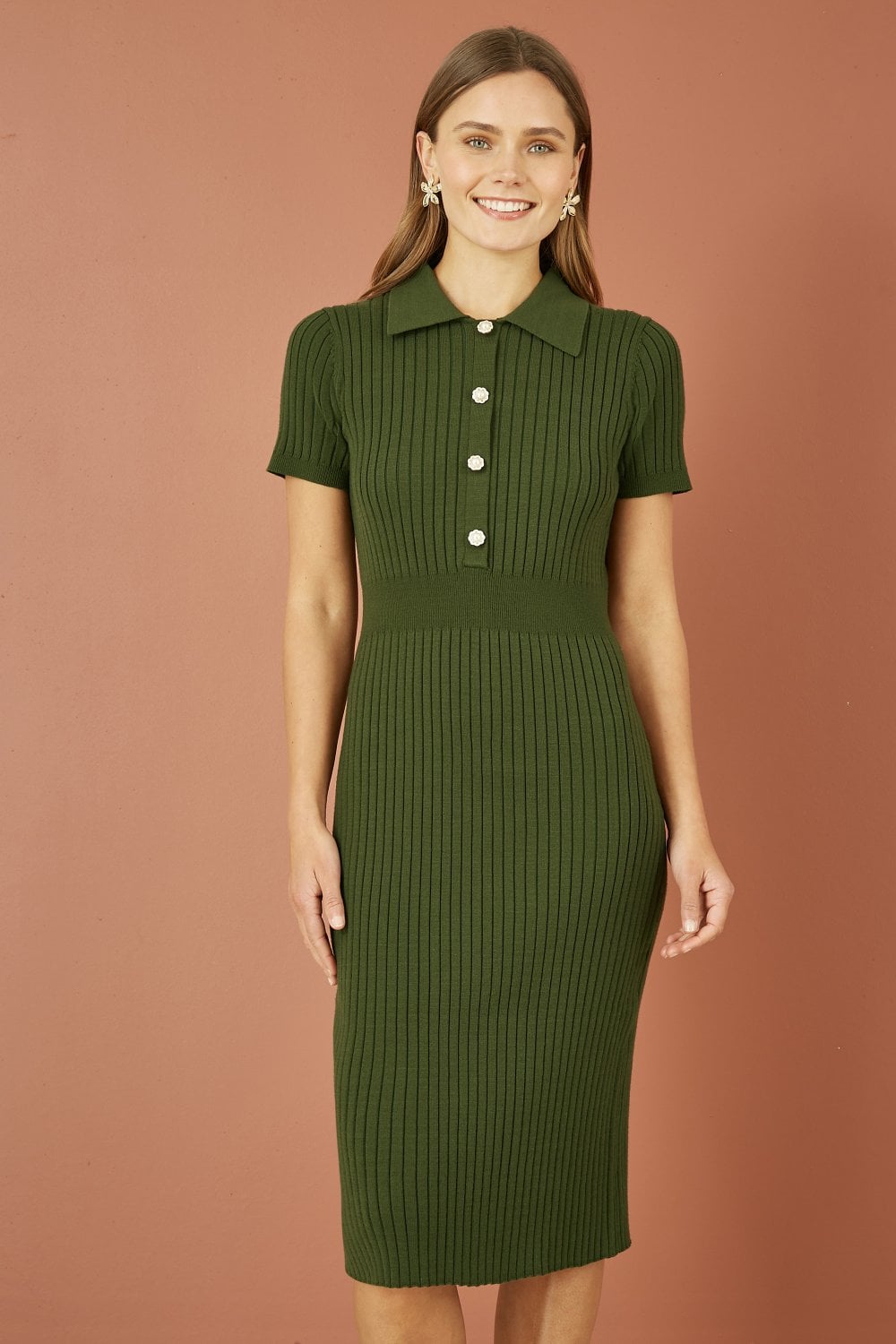 Yumi Green Fitted Rib Knitted Midi Dress With Daisy Buttons Yumi