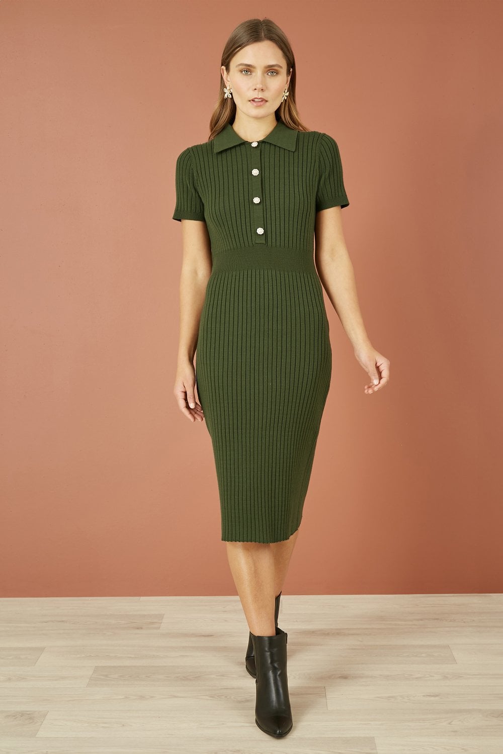 Yumi Green Fitted Rib Knitted Midi Dress With Daisy Buttons Yumi