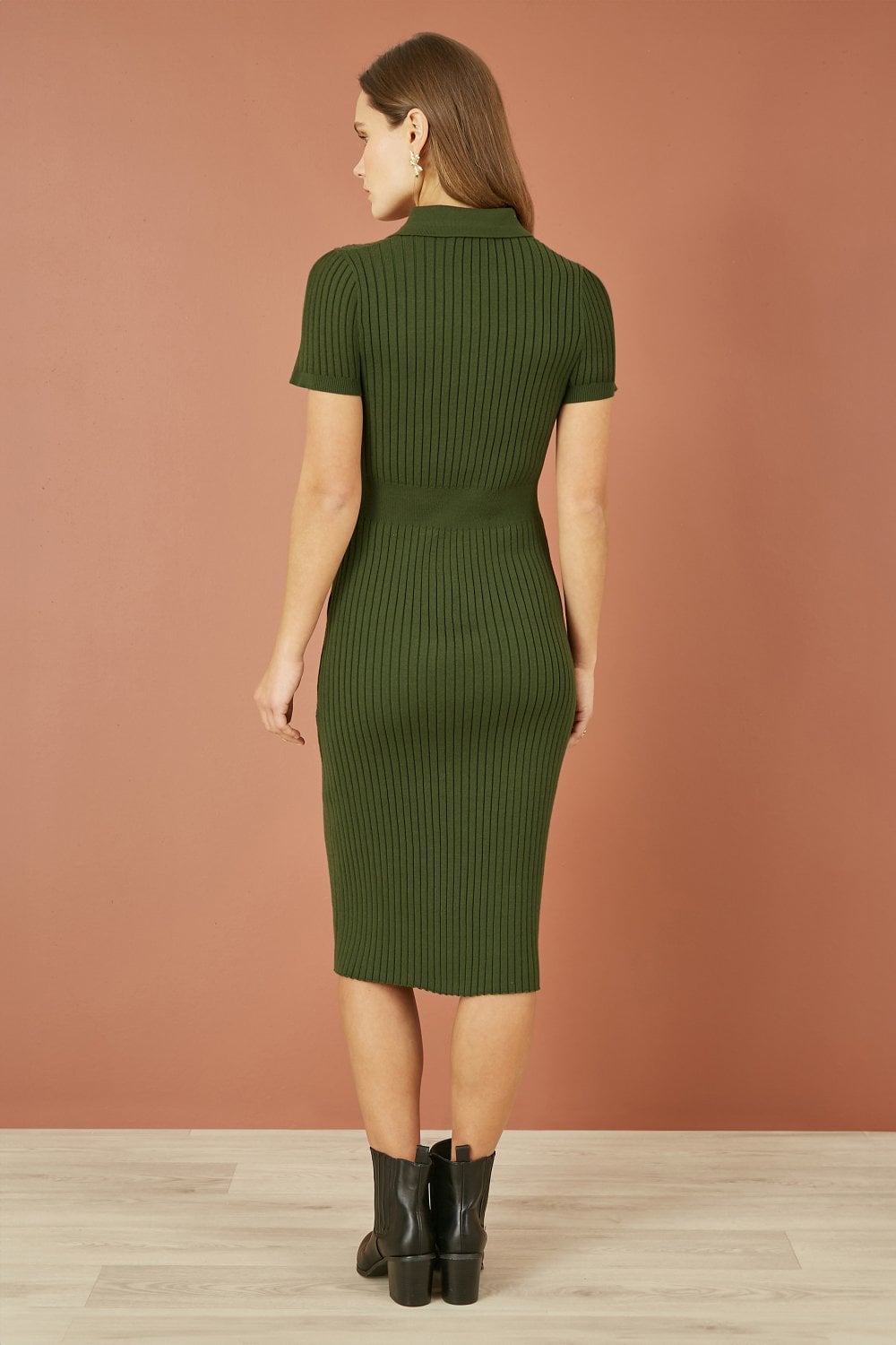 Yumi Green Fitted Rib Knitted Midi Dress With Daisy Buttons Yumi