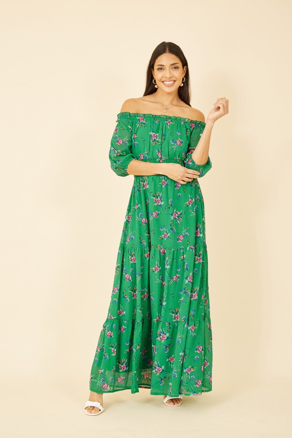 Yumi Green Floral Bardot Long Sleeve Maxi Dress Yumi