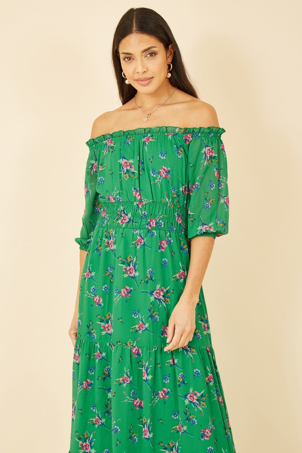 Yumi Green Floral Bardot Long Sleeve Maxi Dress Yumi