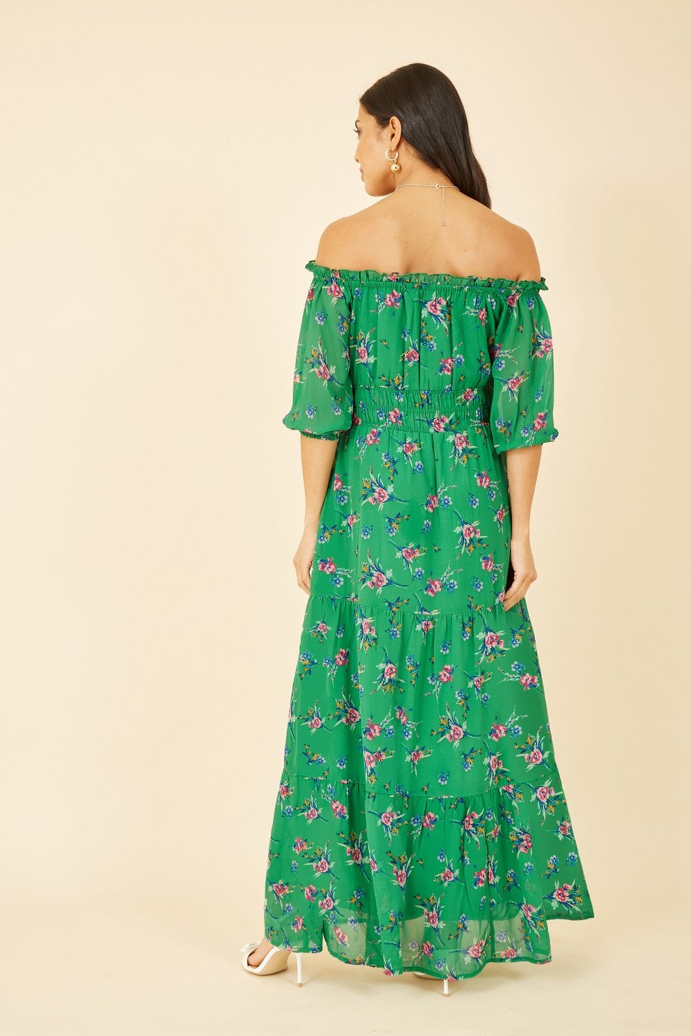 Yumi Green Floral Bardot Long Sleeve Maxi Dress Yumi