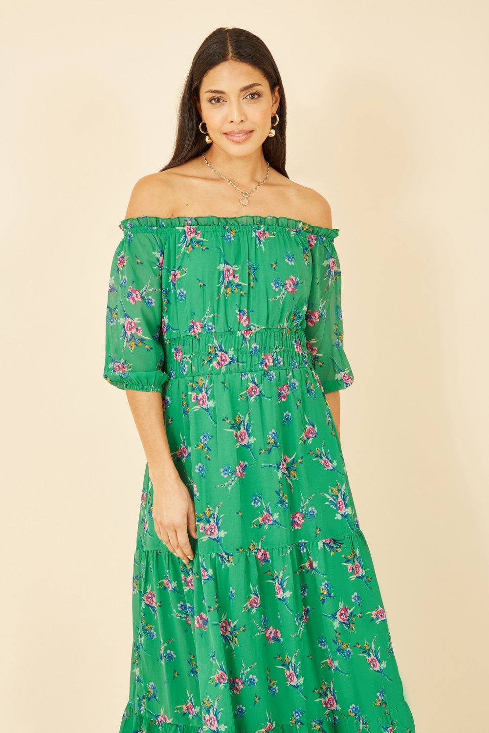 Yumi Green Floral Bardot Long Sleeve Maxi Dress Yumi