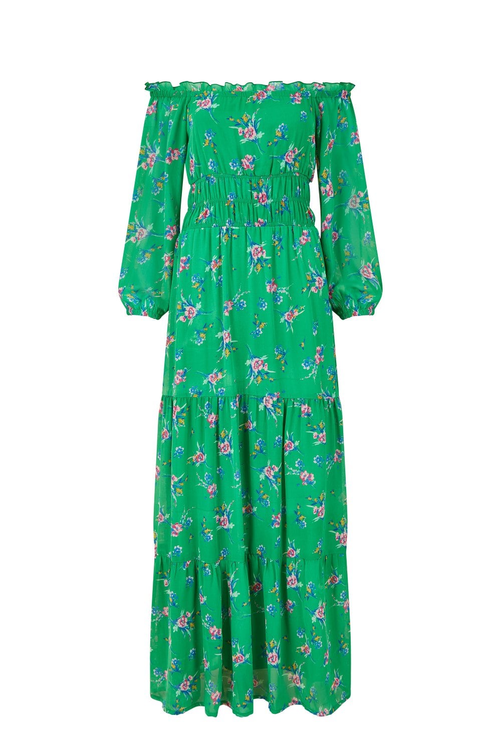 Yumi Green Floral Bardot Long Sleeve Maxi Dress Yumi