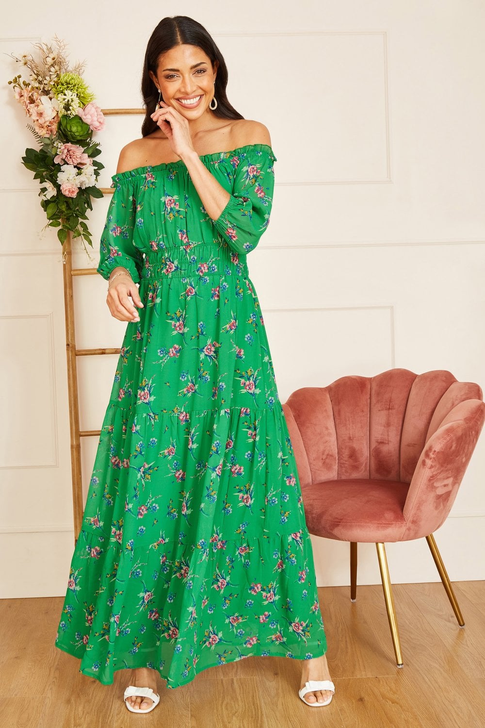 Yumi Green Floral Bardot Long Sleeve Maxi Dress Yumi