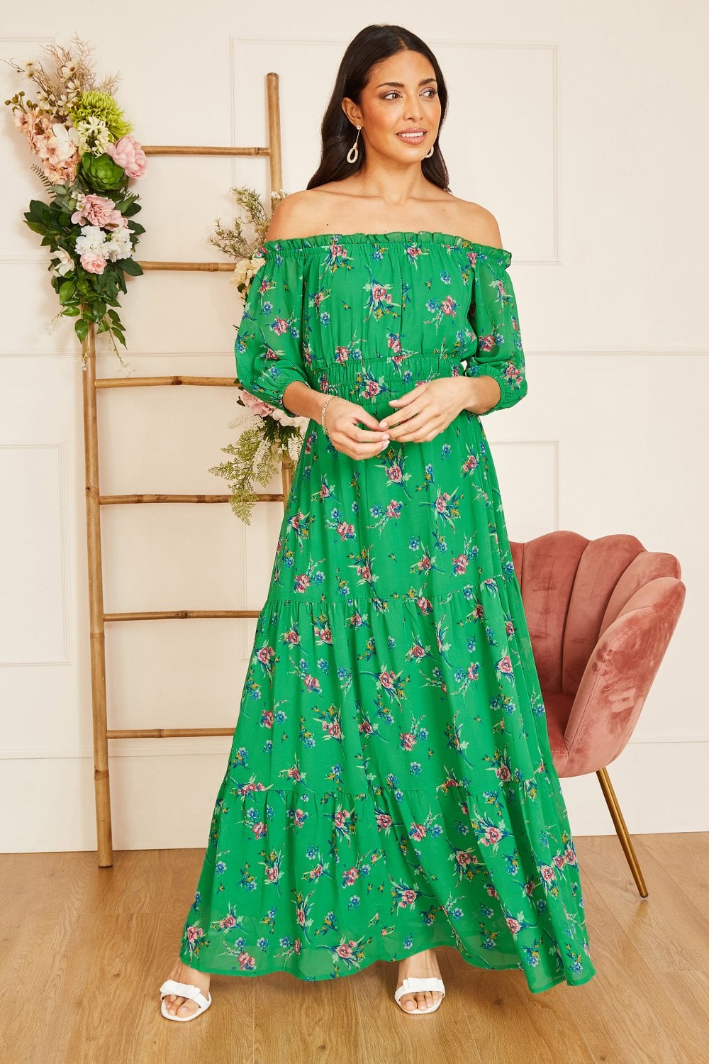 Yumi Green Floral Bardot Long Sleeve Maxi Dress Yumi