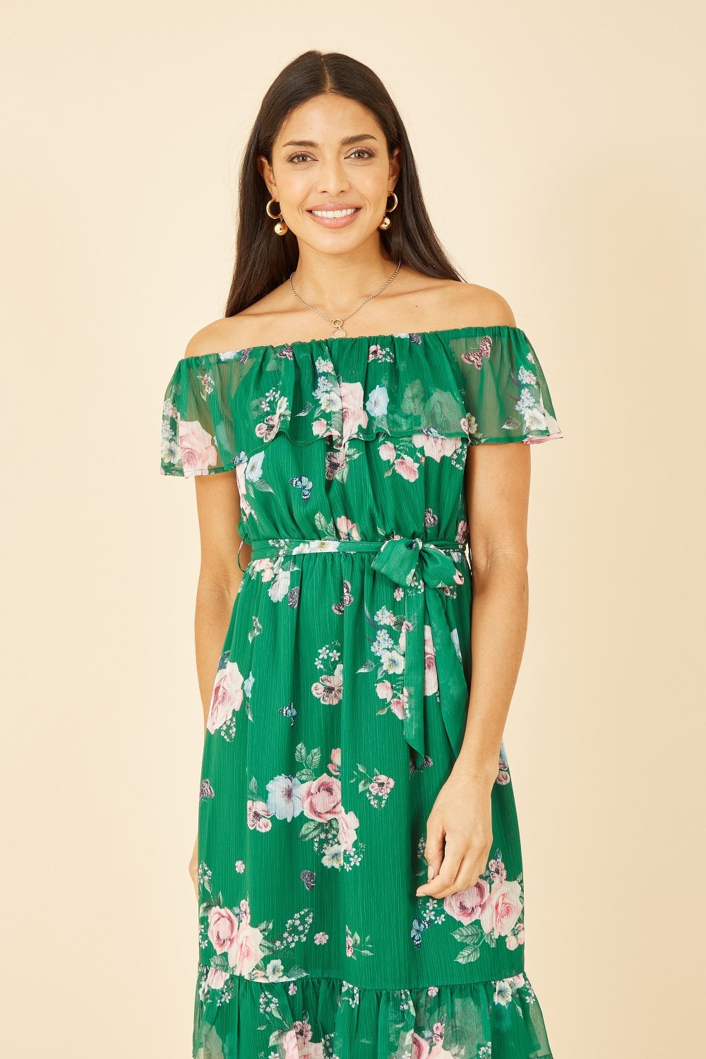 Yumi Green Floral Bardot Midi Dress With Frill Hem Yumi