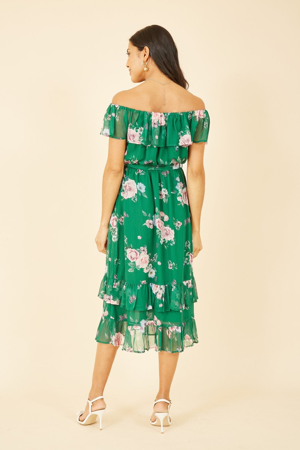 Yumi Green Floral Bardot Midi Dress With Frill Hem Yumi