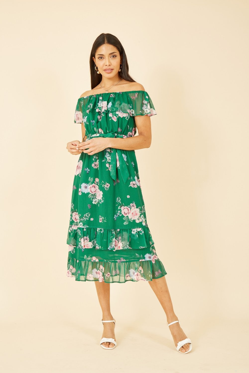 Yumi Green Floral Bardot Midi Dress With Frill Hem Yumi