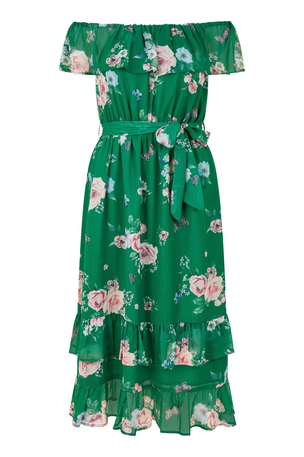 Yumi Green Floral Bardot Midi Dress With Frill Hem Yumi